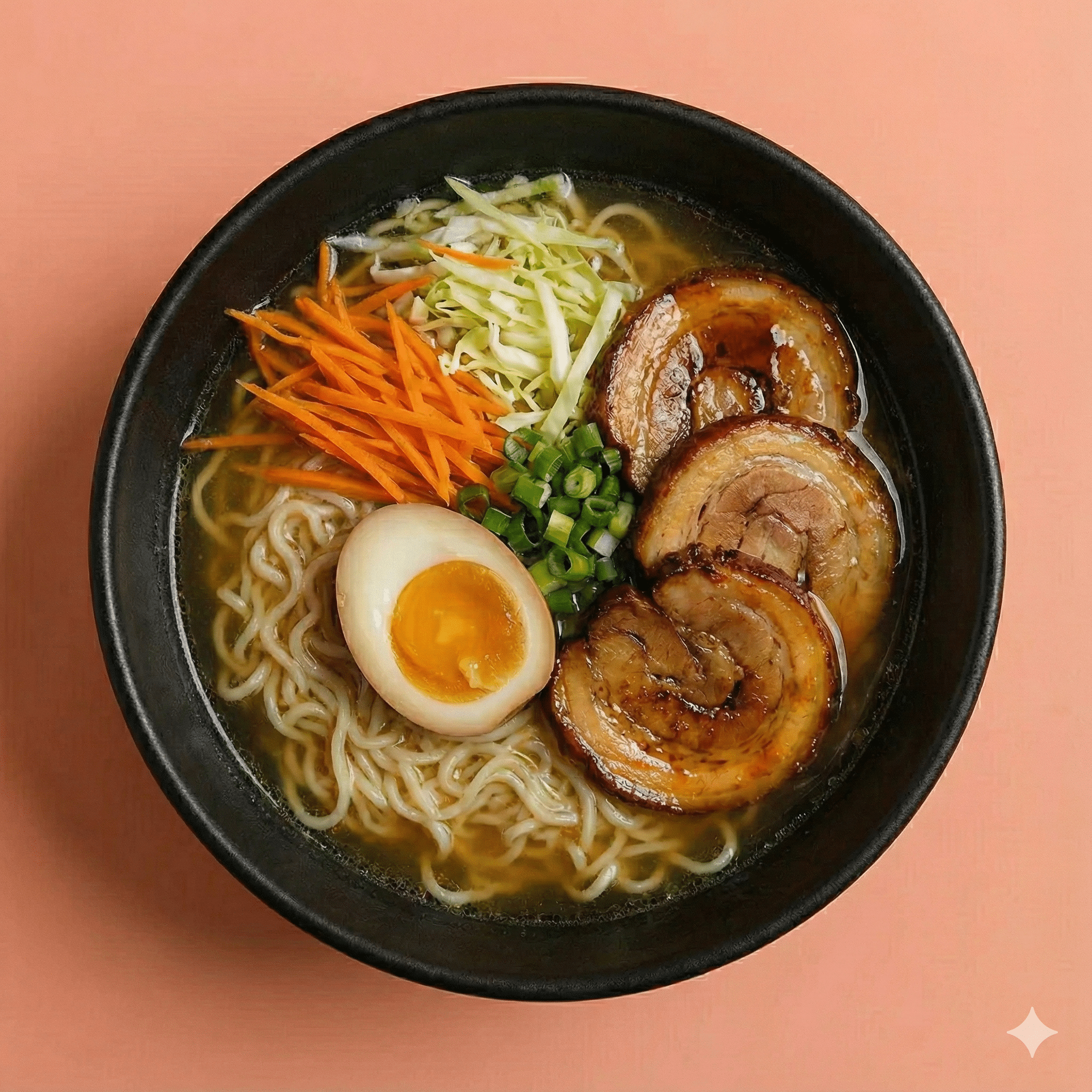 Chashu porc, bouillon clair, nouilles, légumes, œuf mariné