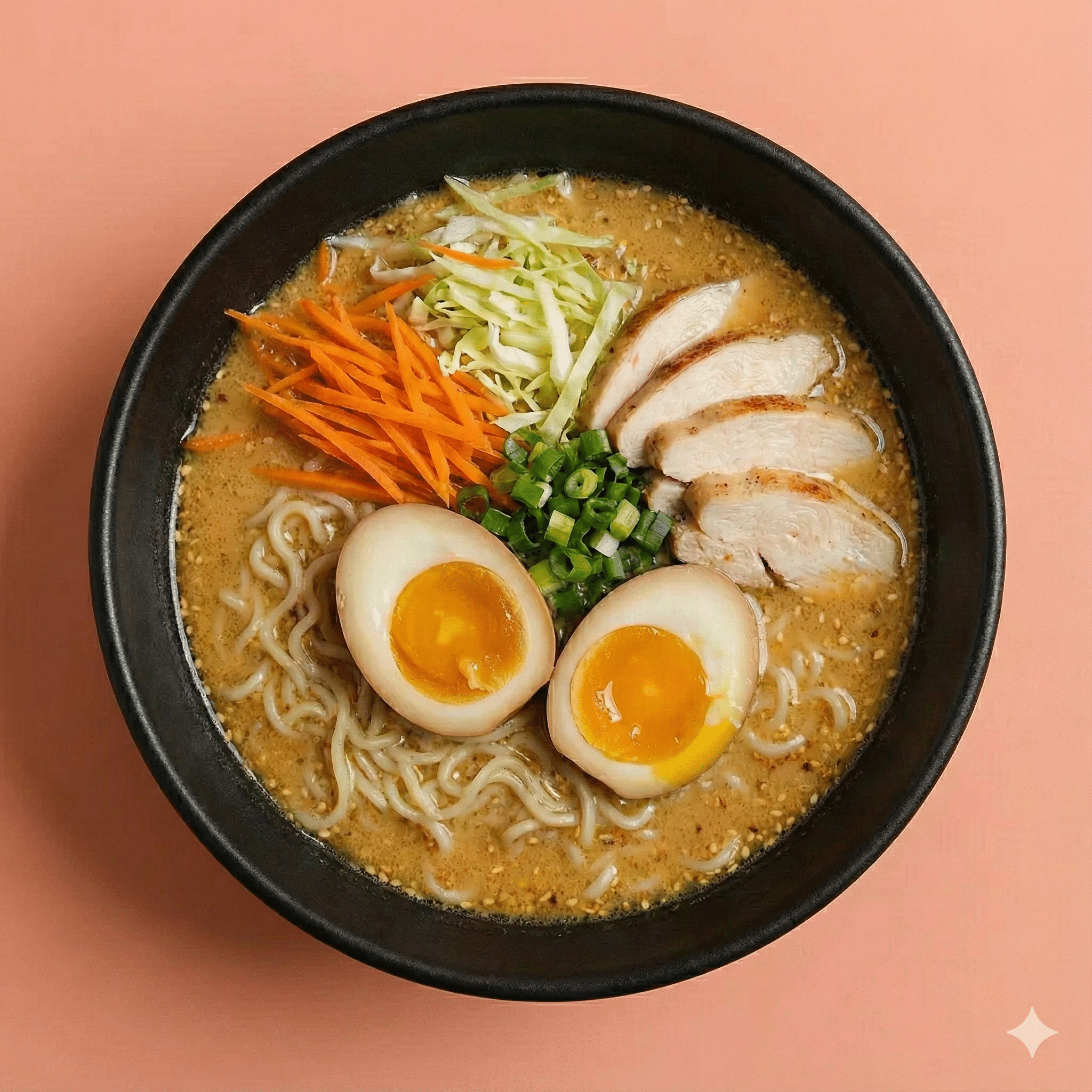 Poulet, bouillon sésame, nouilles, légumes, œuf mariné