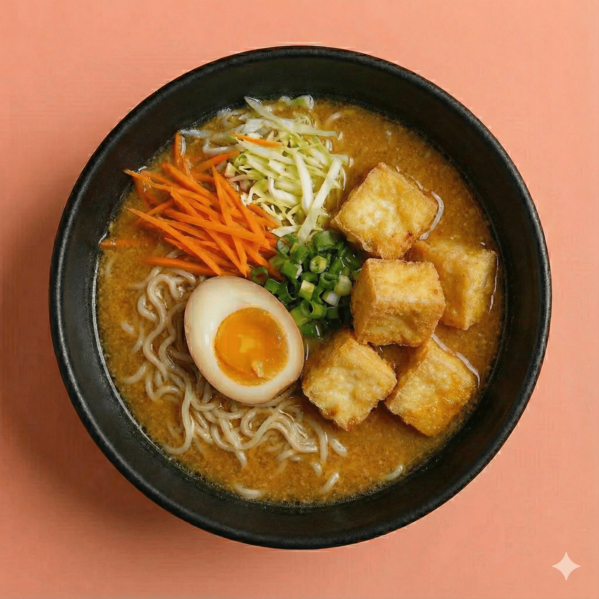 Tofu, bouillon miso, nouilles, légumes, œuf mariné